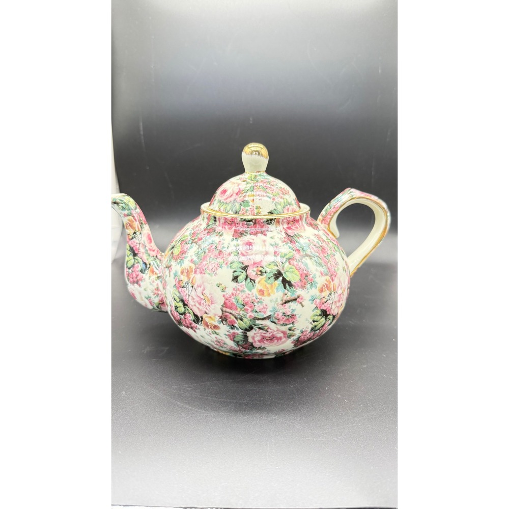 Vintage Floral Chintz Teapot Pink Rose Gold Trim Victorian Cottagecore Decor